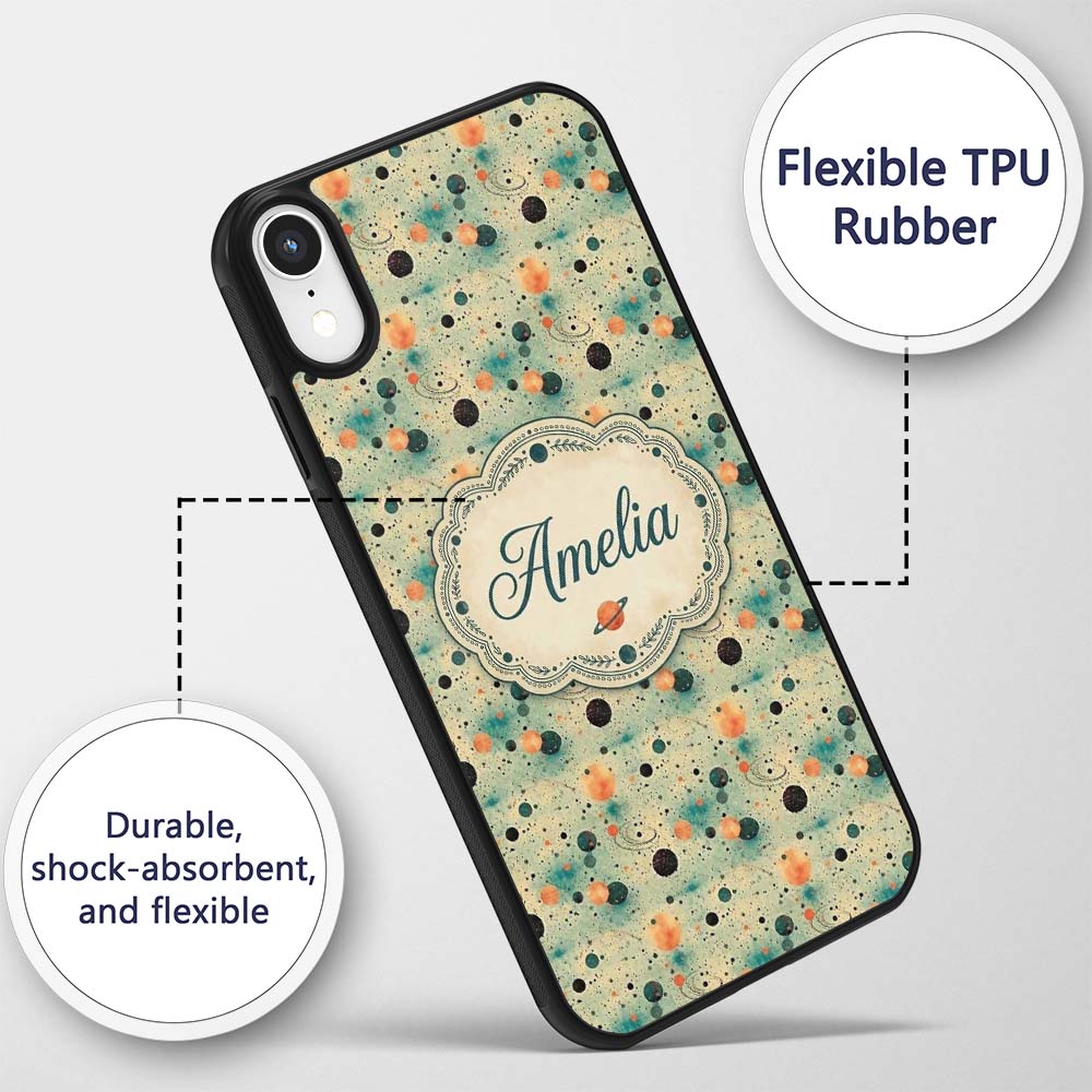 Soft Teal Orange Abstract Planets Space Seamless Custom Name Protective Phone Case Mobile Cover Durable Everyday Smartphone Shock Resistant