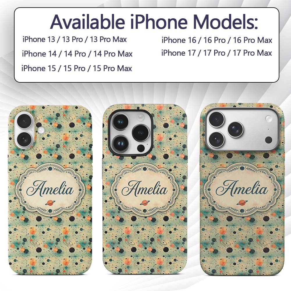 Soft Teal Orange Abstract Planets Space Seamless Custom Name Protective Phone Case Mobile Cover Durable Everyday Smartphone Shock Resistant