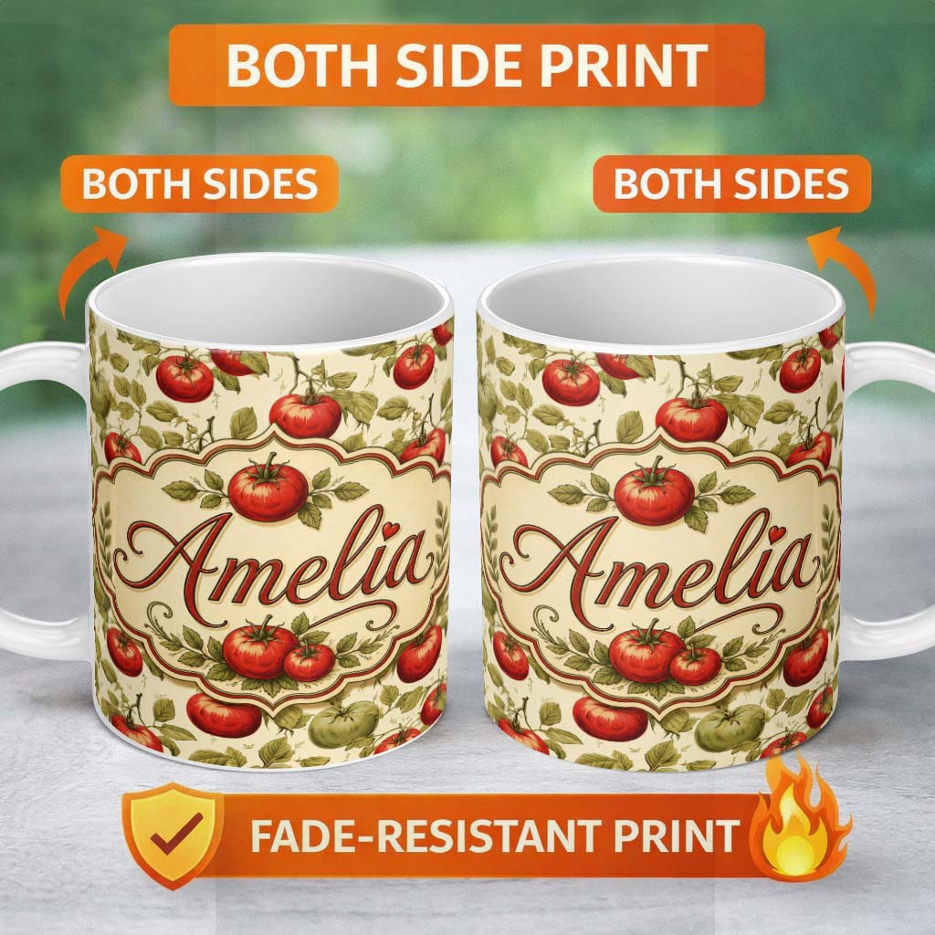 Personalized Custom Name Heirloom Red and Green Tomatoes Botanical Garden Seamless Pattern 11oz Ceramic Coffee Tea Mug White Large Handle