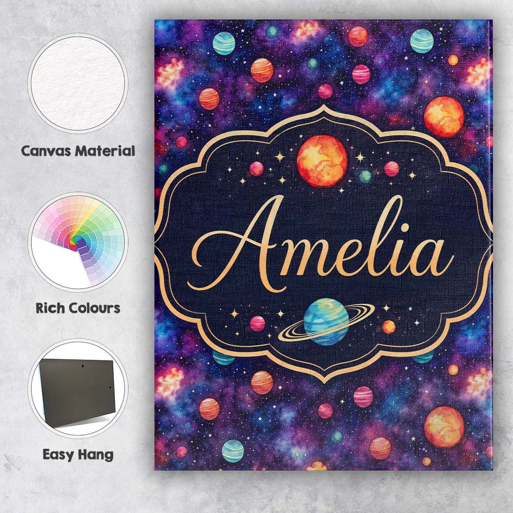 Personalised Name Colorful Cartoon Planets Custom Unique Gift Idea Elegant Feature Canvas Wall Art Print Decor Picture Ready to Hang