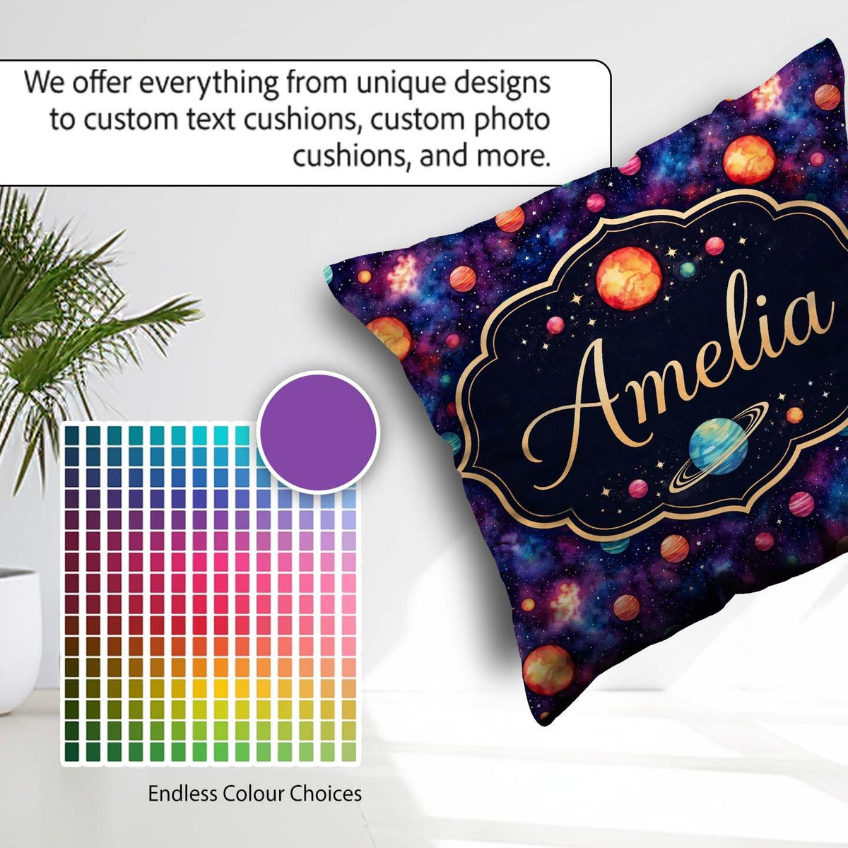 Custom Name Colorful Cartoon Planets Galaxy Purple Space Pattern Square Filled Cushion Throw Pillow Sofa Bed Home Decor Zip Washable UK Made