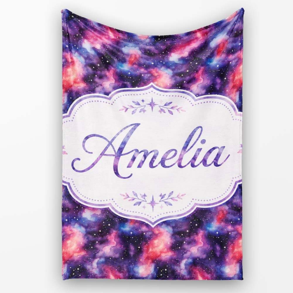 Watercolor Nebula Galaxy Pink Purple Space Seamless Pattern Artistic Personalised Custom Name Super Soft Fleece Blanket Bed Sofa Throw