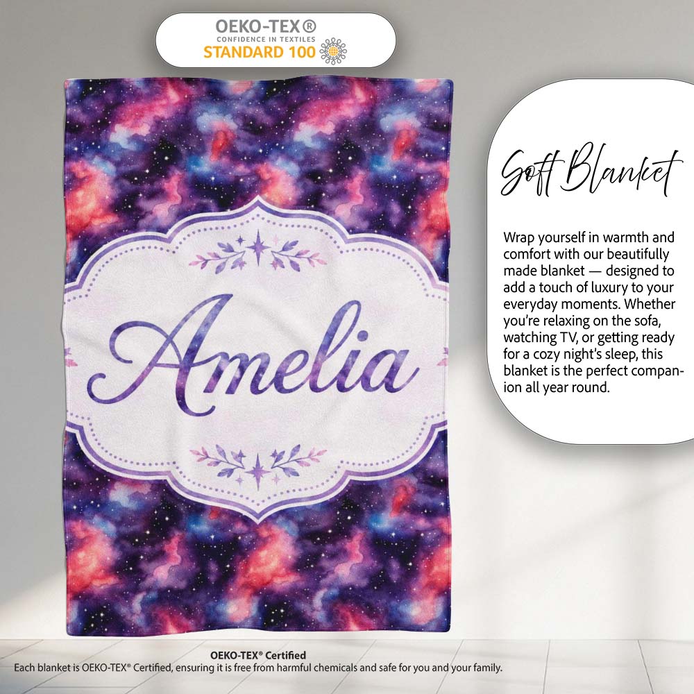 Watercolor Nebula Galaxy Pink Purple Space Seamless Pattern Artistic Personalised Custom Name Super Soft Fleece Blanket Bed Sofa Throw