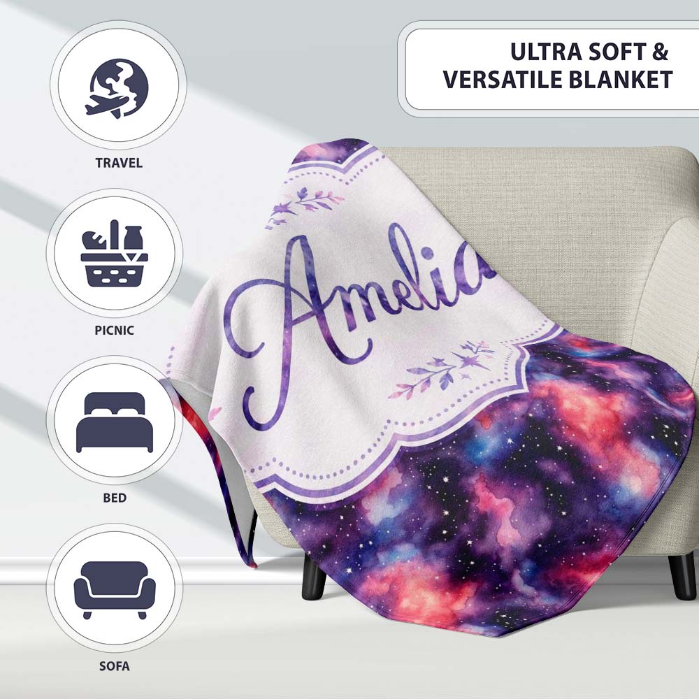 Watercolor Nebula Galaxy Pink Purple Space Seamless Pattern Artistic Personalised Custom Name Super Soft Fleece Blanket Bed Sofa Throw