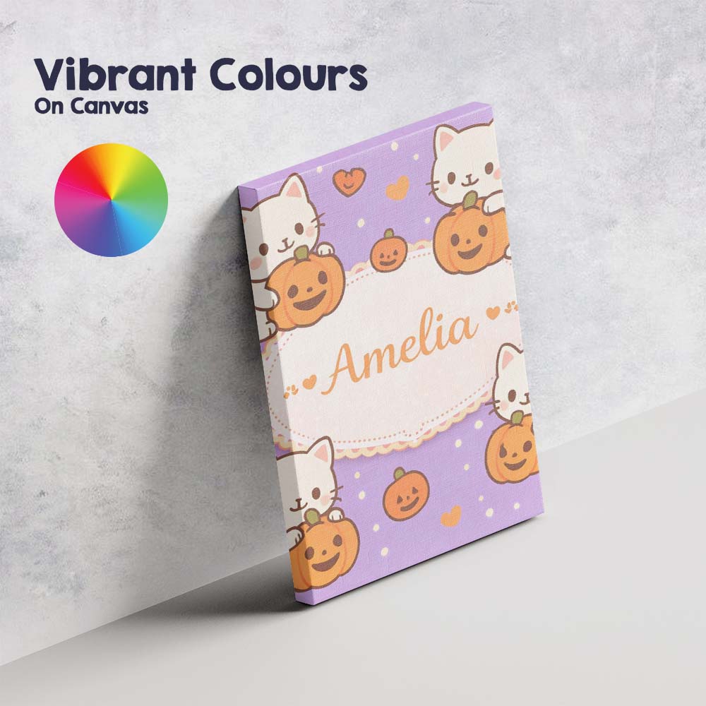 Personalised Name Cute Halloween Cat Pumpkin Cartoon Animal Pattern Custom Canvas Wall Art Print Decor Picture Ready to Hang