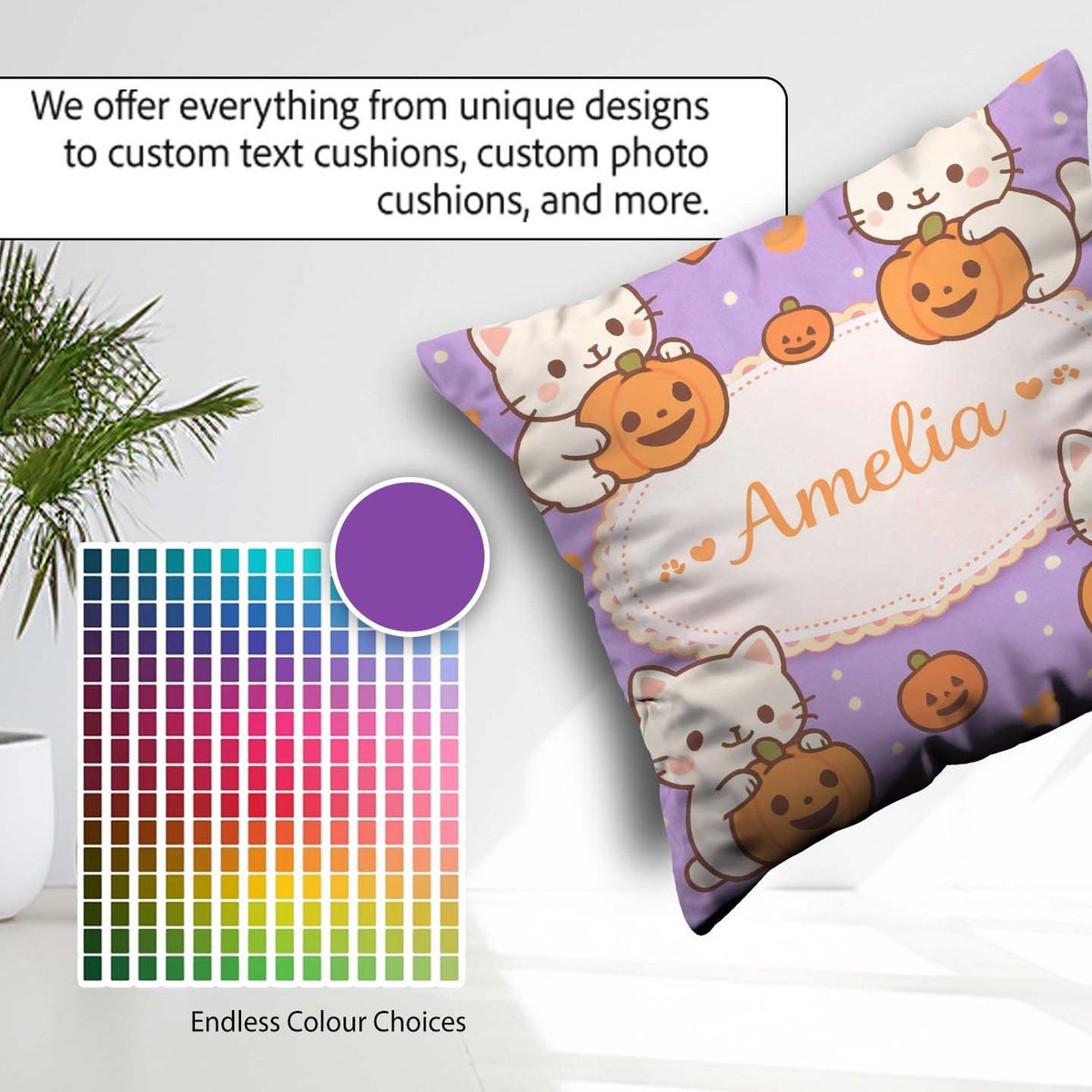 Custom Name Cute Halloween Cat Pumpkin Cartoon Animal Pattern Square Filled Cushion Throw Pillow Sofa Bed Home Decor Zip Washable UK Made