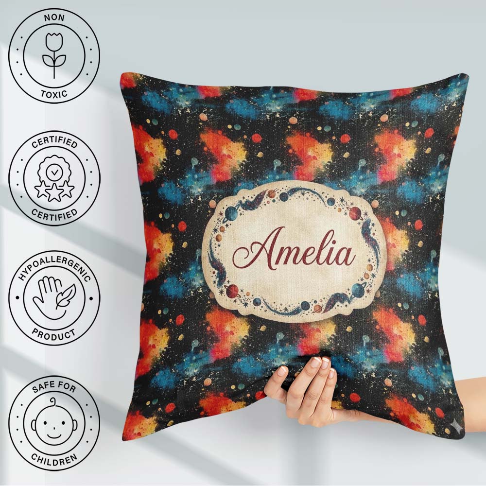 Custom Name Abstract Cosmic Paint Splash Blue Space Pattern Dark Square Filled Cushion Throw Pillow Sofa Bed Home Decor Zip Washable UK Made