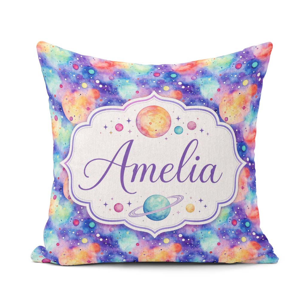 Custom Name Pastel Watercolor Galaxy Space Seamless Pattern Soft Square Filled Cushion Throw Pillow Sofa Bed Home Decor Zip Washable UK Made