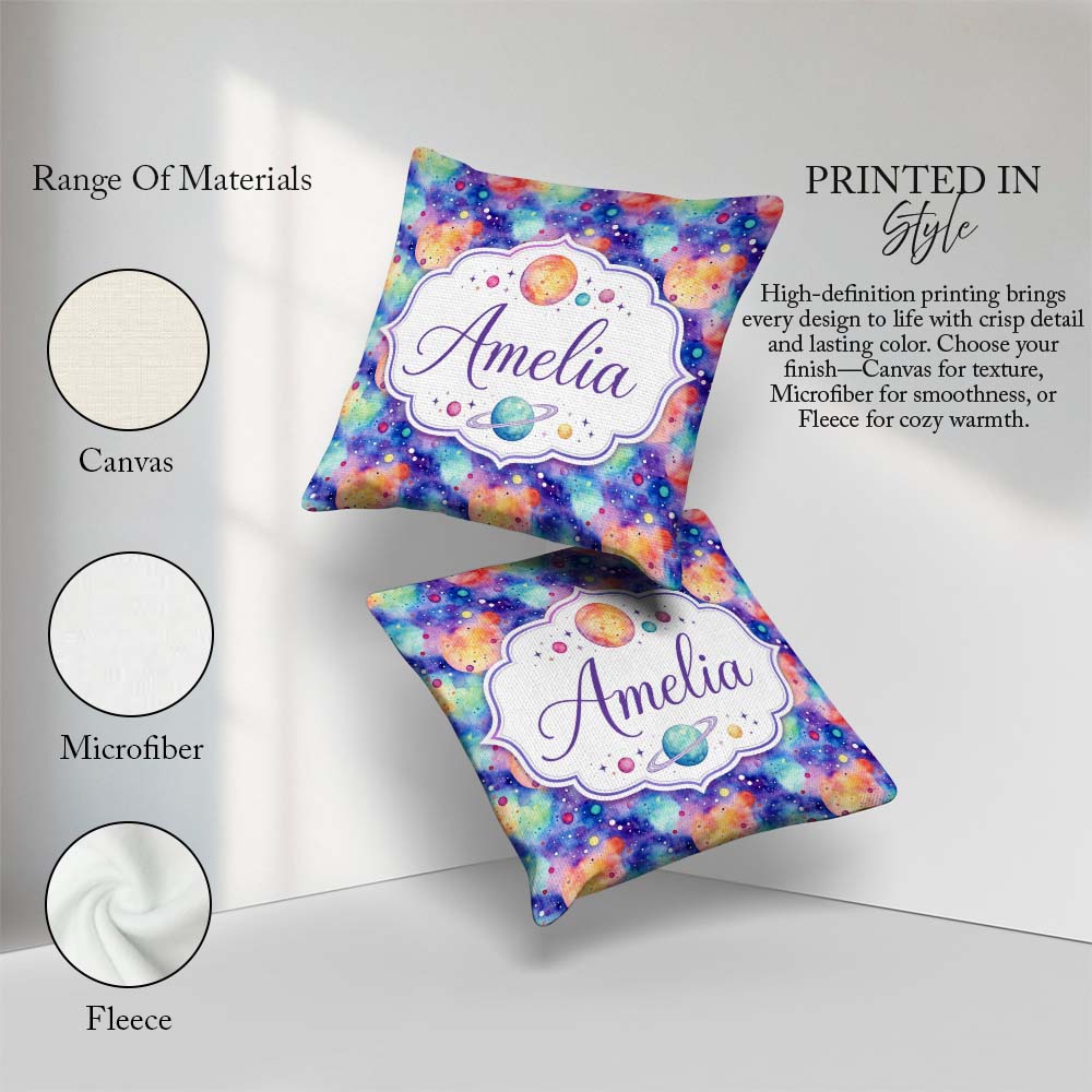 Custom Name Pastel Watercolor Galaxy Space Seamless Pattern Soft Square Filled Cushion Throw Pillow Sofa Bed Home Decor Zip Washable UK Made
