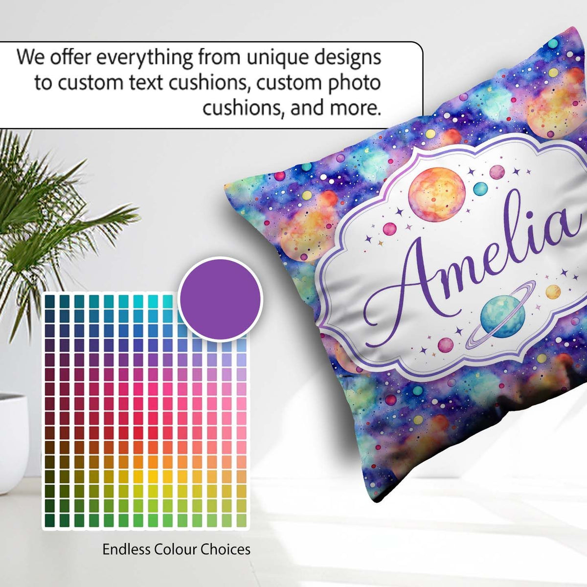 Custom Name Pastel Watercolor Galaxy Space Seamless Pattern Soft Square Filled Cushion Throw Pillow Sofa Bed Home Decor Zip Washable UK Made
