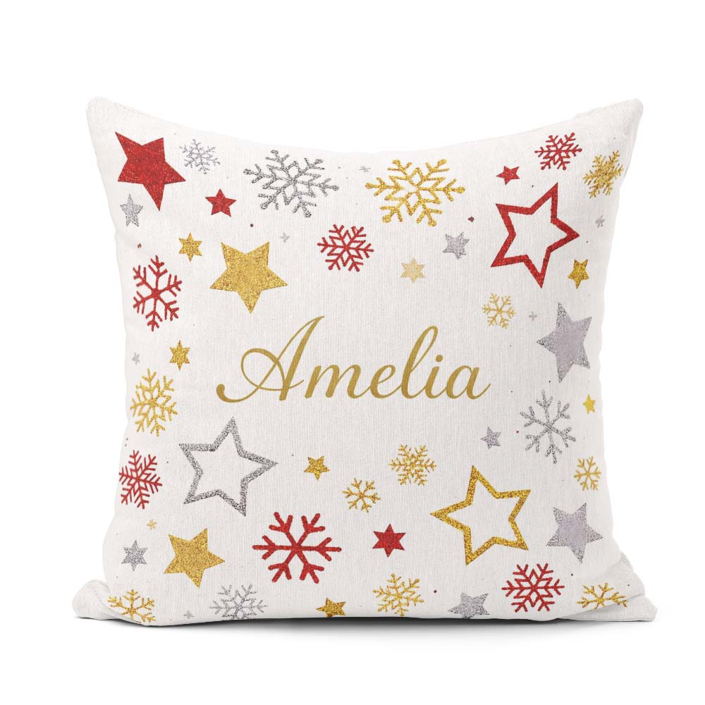 Custom Name Festive Stars and Snowflakes Pattern White Seamless Square Filled Cushion Throw Pillow Sofa Bed Home Decor Zip Washable UK Made