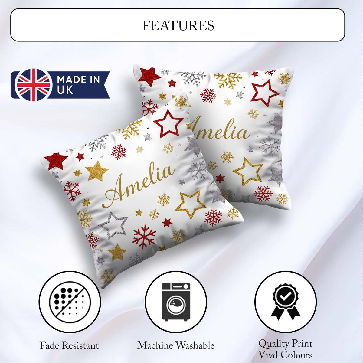 Custom Name Festive Stars and Snowflakes Pattern White Seamless Square Filled Cushion Throw Pillow Sofa Bed Home Decor Zip Washable UK Made