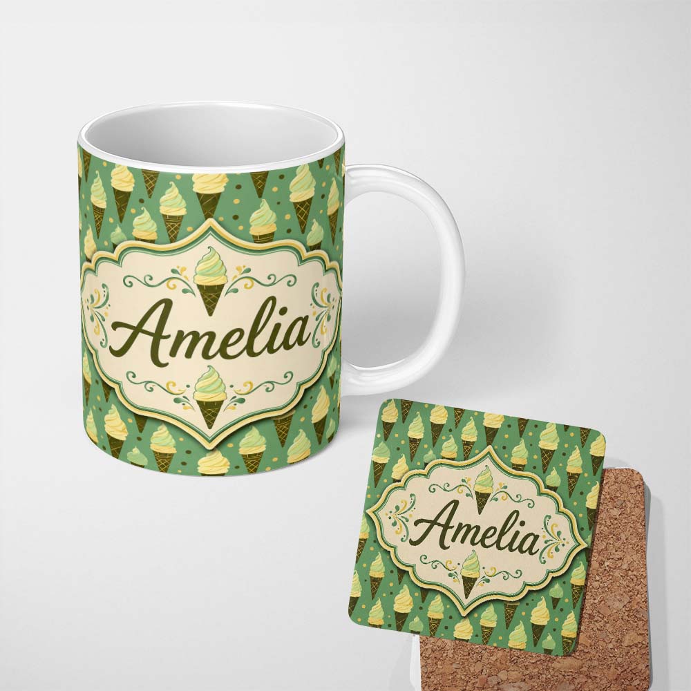 Personalized Custom Name Vintage Mint Green Ice Cream Cones Seamless Pattern Sweet Dessert 11oz Ceramic Coffee Tea Mug White Large Handle