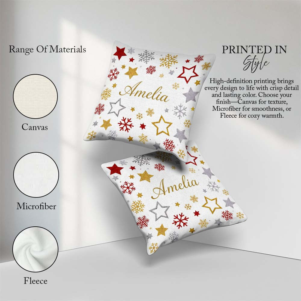 Custom Name Festive Stars and Snowflakes Pattern White Seamless Square Filled Cushion Throw Pillow Sofa Bed Home Decor Zip Washable UK Made