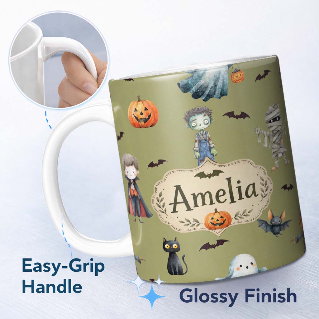 Personalized Custom Name Cute Halloween Kids Characters Zombie Vampire Bats Pumpkin Olive 11oz Ceramic Coffee Tea Mug White Large Handle