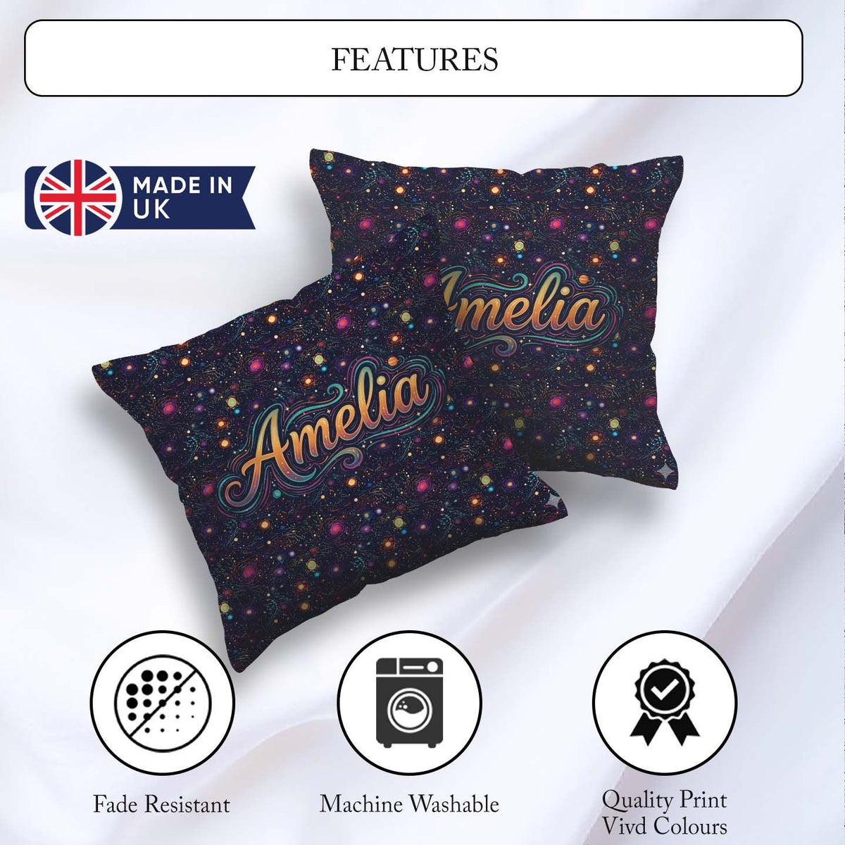 Custom Name Neon Galaxy Swirl Dots Cosmic Space Seamless Pattern Square Filled Cushion Throw Pillow Sofa Bed Home Decor Zip Washable UK Made