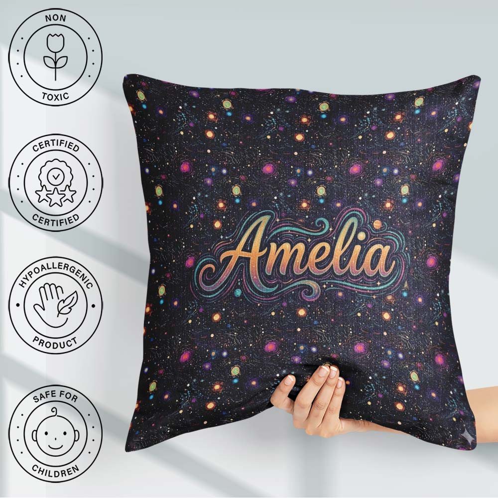 Custom Name Neon Galaxy Swirl Dots Cosmic Space Seamless Pattern Square Filled Cushion Throw Pillow Sofa Bed Home Decor Zip Washable UK Made