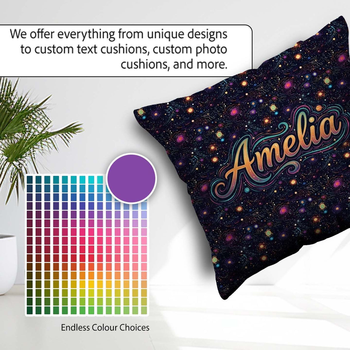 Custom Name Neon Galaxy Swirl Dots Cosmic Space Seamless Pattern Square Filled Cushion Throw Pillow Sofa Bed Home Decor Zip Washable UK Made