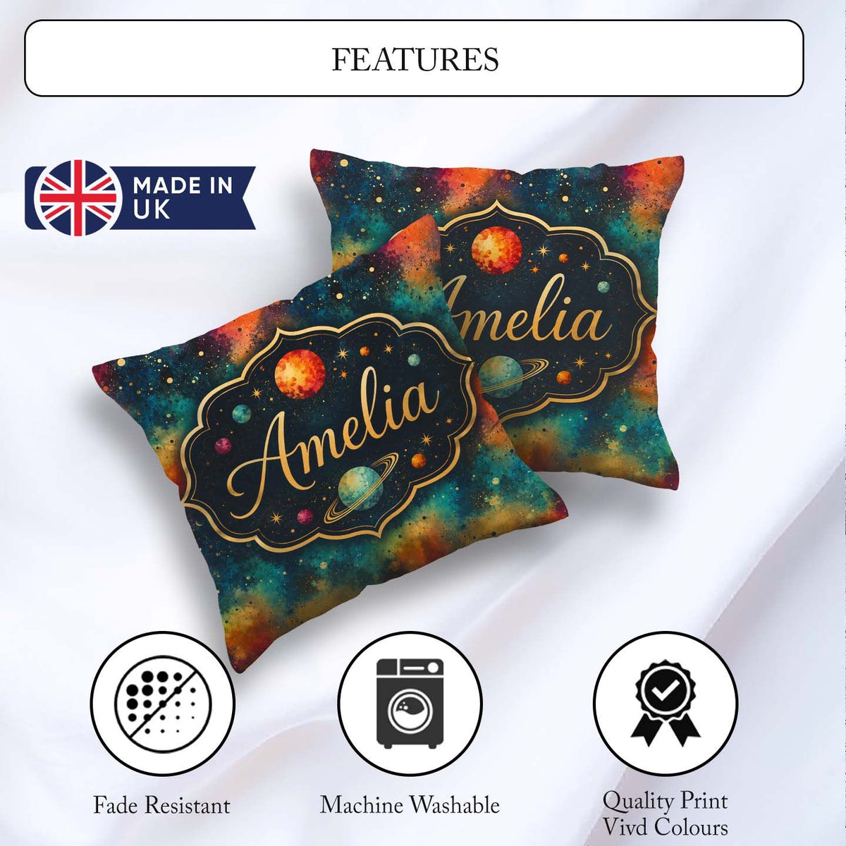 Custom Name Nebula Splatter Galaxy Space Seamless Pattern Bright Square Filled Cushion Throw Pillow Sofa Bed Home Decor Zip Washable UK Made