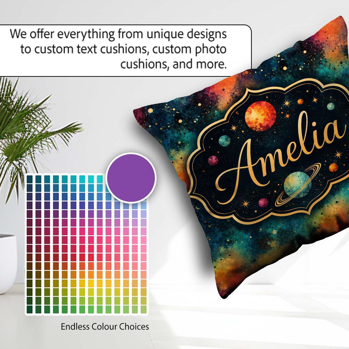Custom Name Nebula Splatter Galaxy Space Seamless Pattern Bright Square Filled Cushion Throw Pillow Sofa Bed Home Decor Zip Washable UK Made