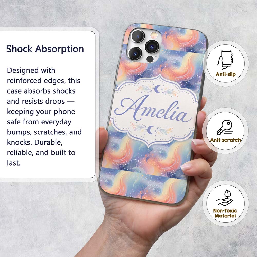Soft Pastel Swirl Galaxy Space Seamless Pattern Custom Name Protective Phone Case Mobile Cover Durable Everyday Smartphone Shock Resistant