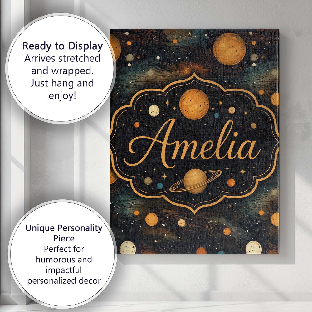 Personalised Name Dark Golden Planets Custom Modern Room Accent Creative Decorator Style Canvas Wall Art Print Decor Picture Ready to Hang