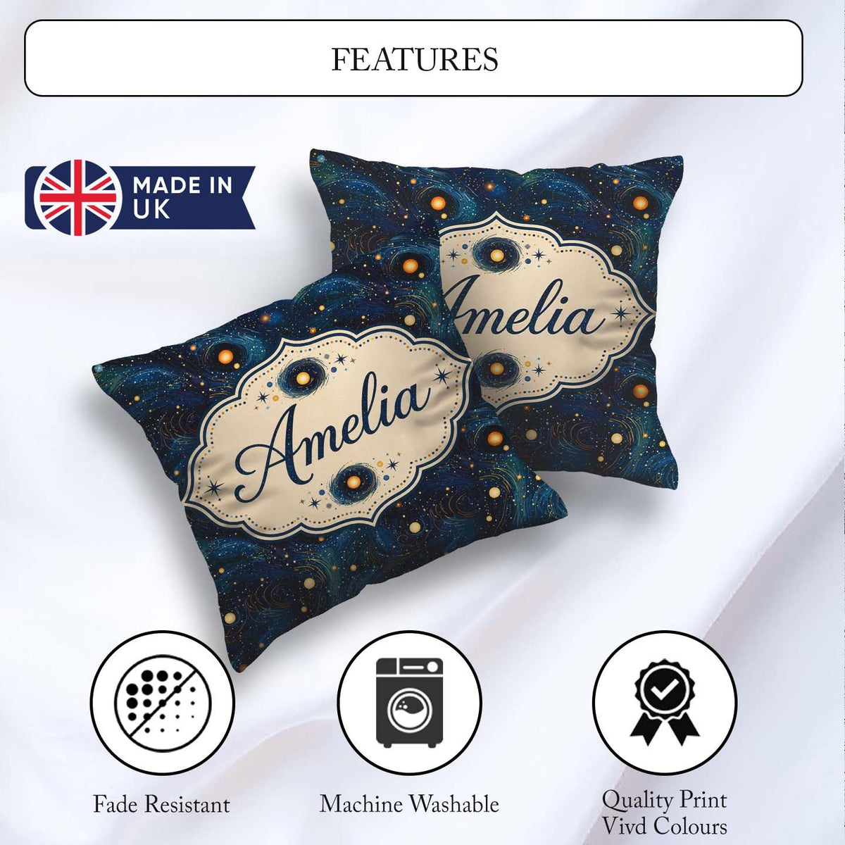 Custom Name Blue Swirling Starfield Space Seamless Pattern Night Square Filled Cushion Throw Pillow Sofa Bed Home Decor Zip Washable UK Made