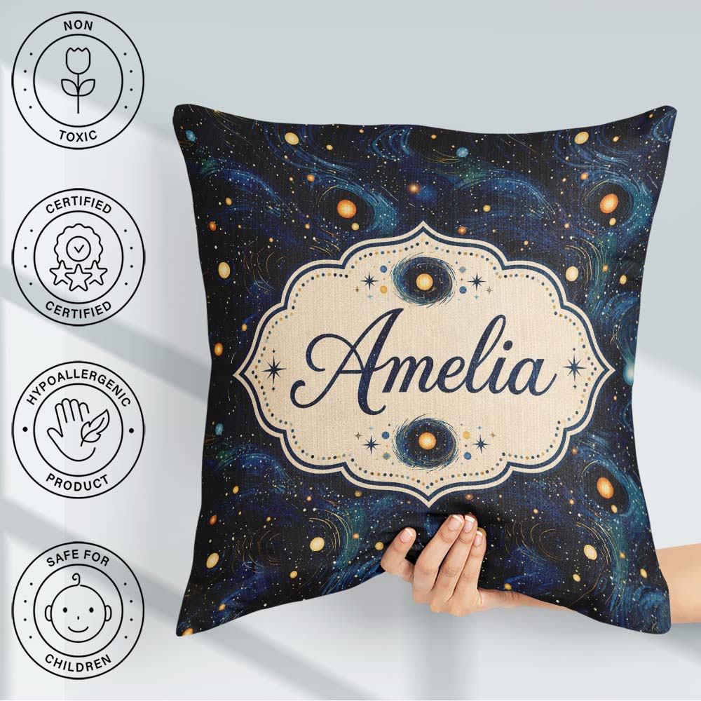 Custom Name Blue Swirling Starfield Space Seamless Pattern Night Square Filled Cushion Throw Pillow Sofa Bed Home Decor Zip Washable UK Made