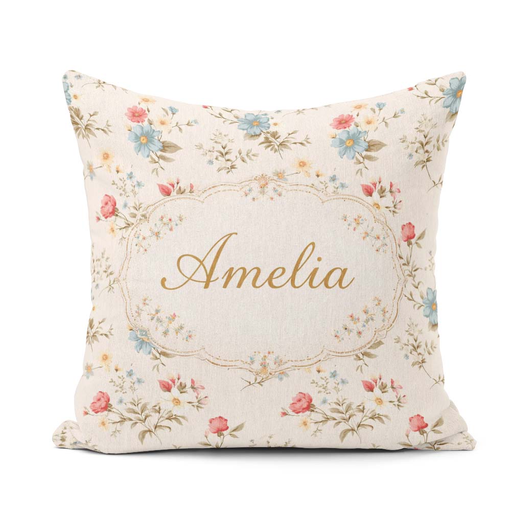 Custom Name Pastel Floral Spring Pattern Cream Background Lovely Square Filled Cushion Throw Pillow Sofa Bed Home Decor Zip Washable UK Made