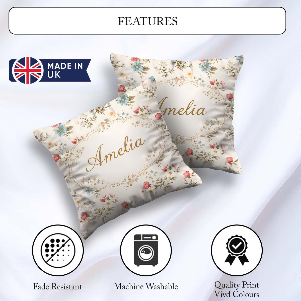 Custom Name Pastel Floral Spring Pattern Cream Background Lovely Square Filled Cushion Throw Pillow Sofa Bed Home Decor Zip Washable UK Made