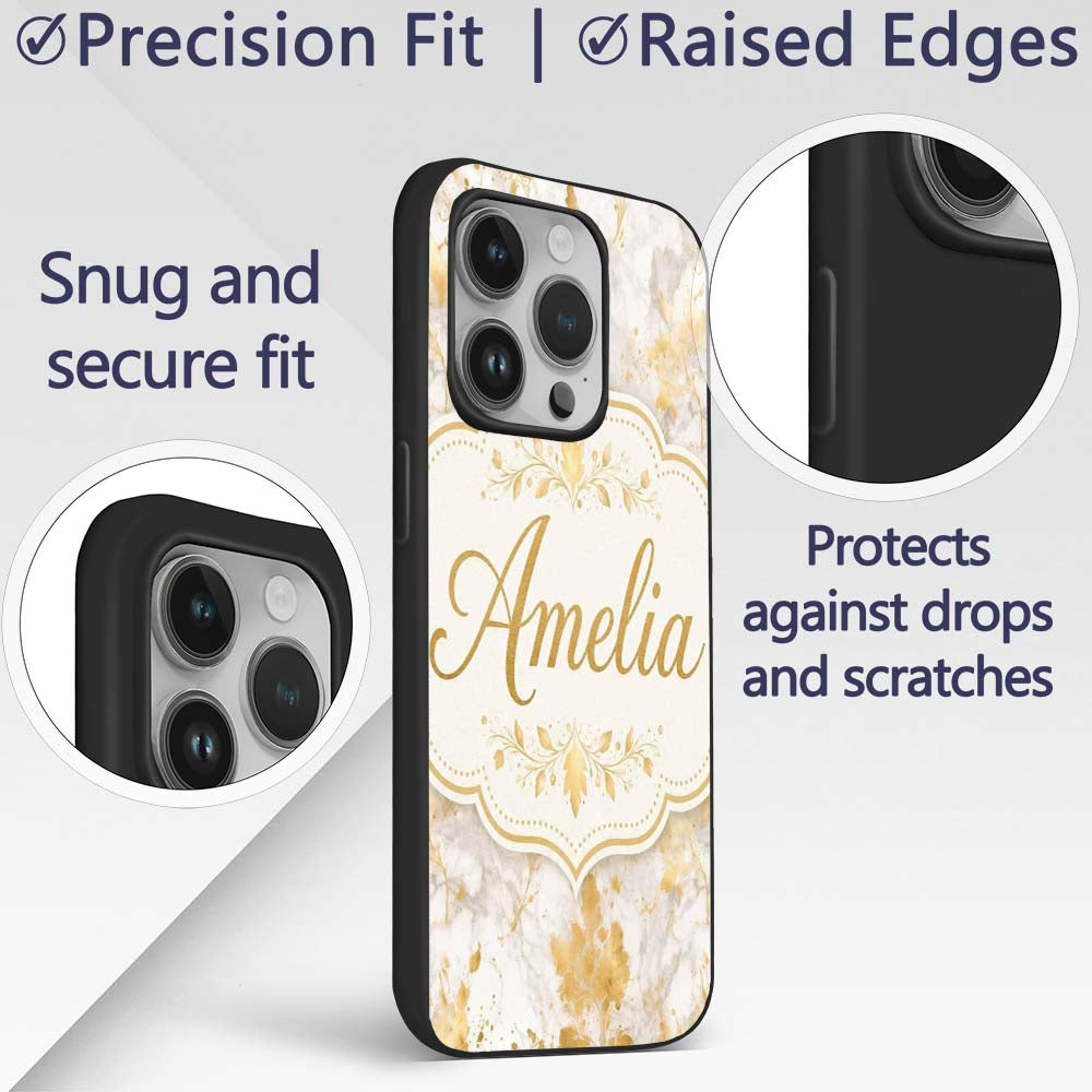 Gold Vein Marble White Stone Seamless Pattern Custom Name Protective Phone Case Mobile Cover Durable Everyday Smartphone Shock Resistant