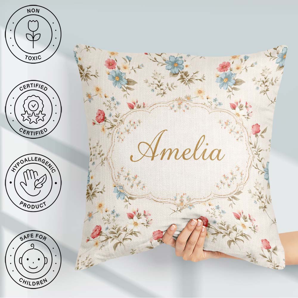 Custom Name Pastel Floral Spring Pattern Cream Background Lovely Square Filled Cushion Throw Pillow Sofa Bed Home Decor Zip Washable UK Made