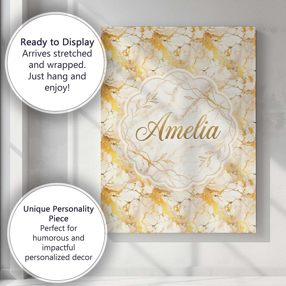 Personalised Name White Gold Floral Marble Custom Unique Gift Idea Elegant Feature Canvas Wall Art Print Decor Picture Ready to Hang