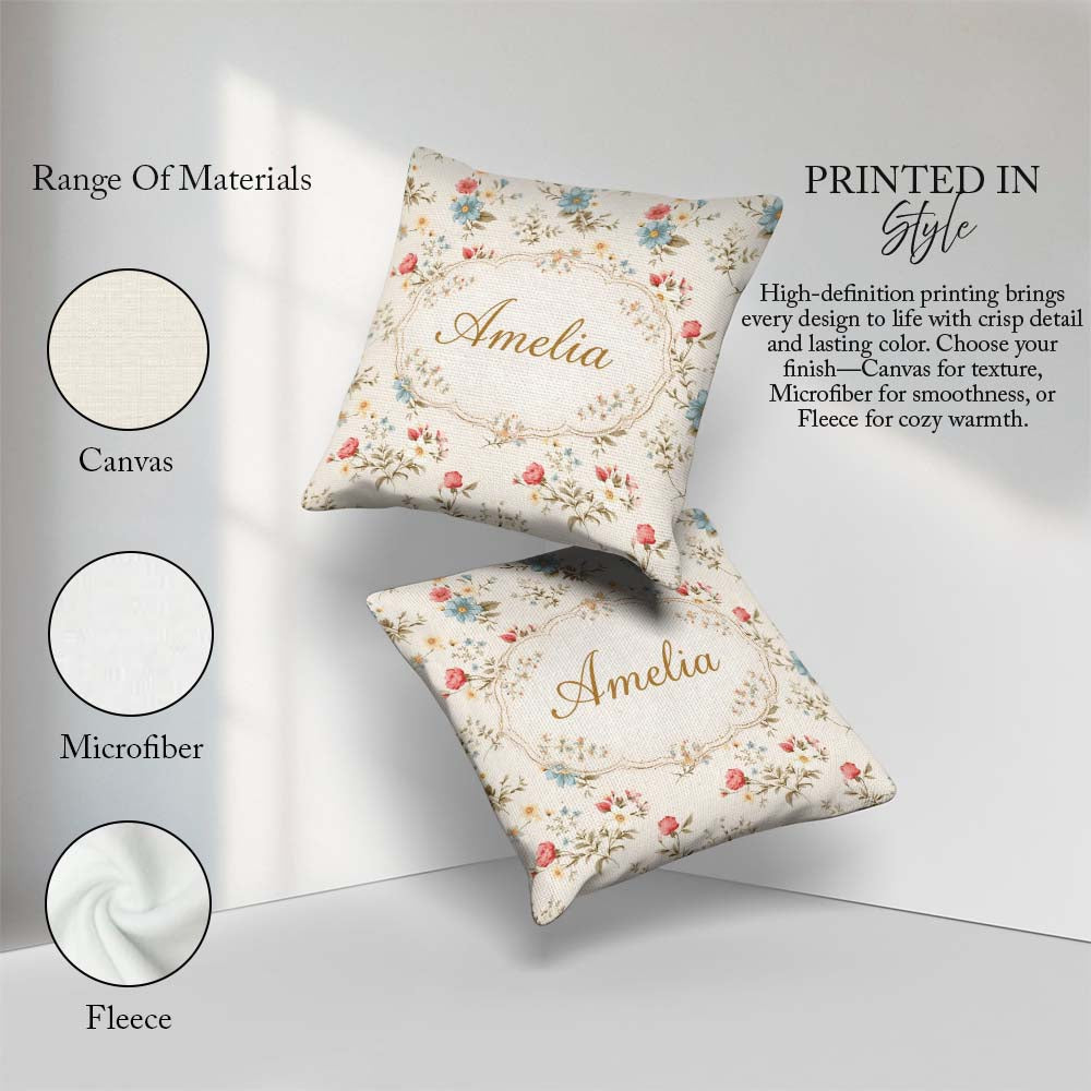 Custom Name Pastel Floral Spring Pattern Cream Background Lovely Square Filled Cushion Throw Pillow Sofa Bed Home Decor Zip Washable UK Made