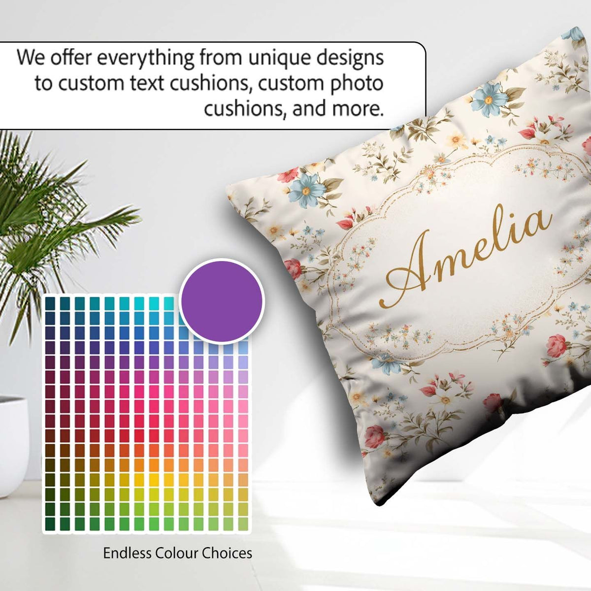 Custom Name Pastel Floral Spring Pattern Cream Background Lovely Square Filled Cushion Throw Pillow Sofa Bed Home Decor Zip Washable UK Made