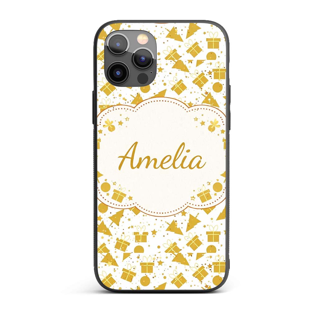 Gold Christmas Icons Pattern White Background Custom Name Protective Phone Case Mobile Cover Durable Everyday Smartphone Shock Resistant