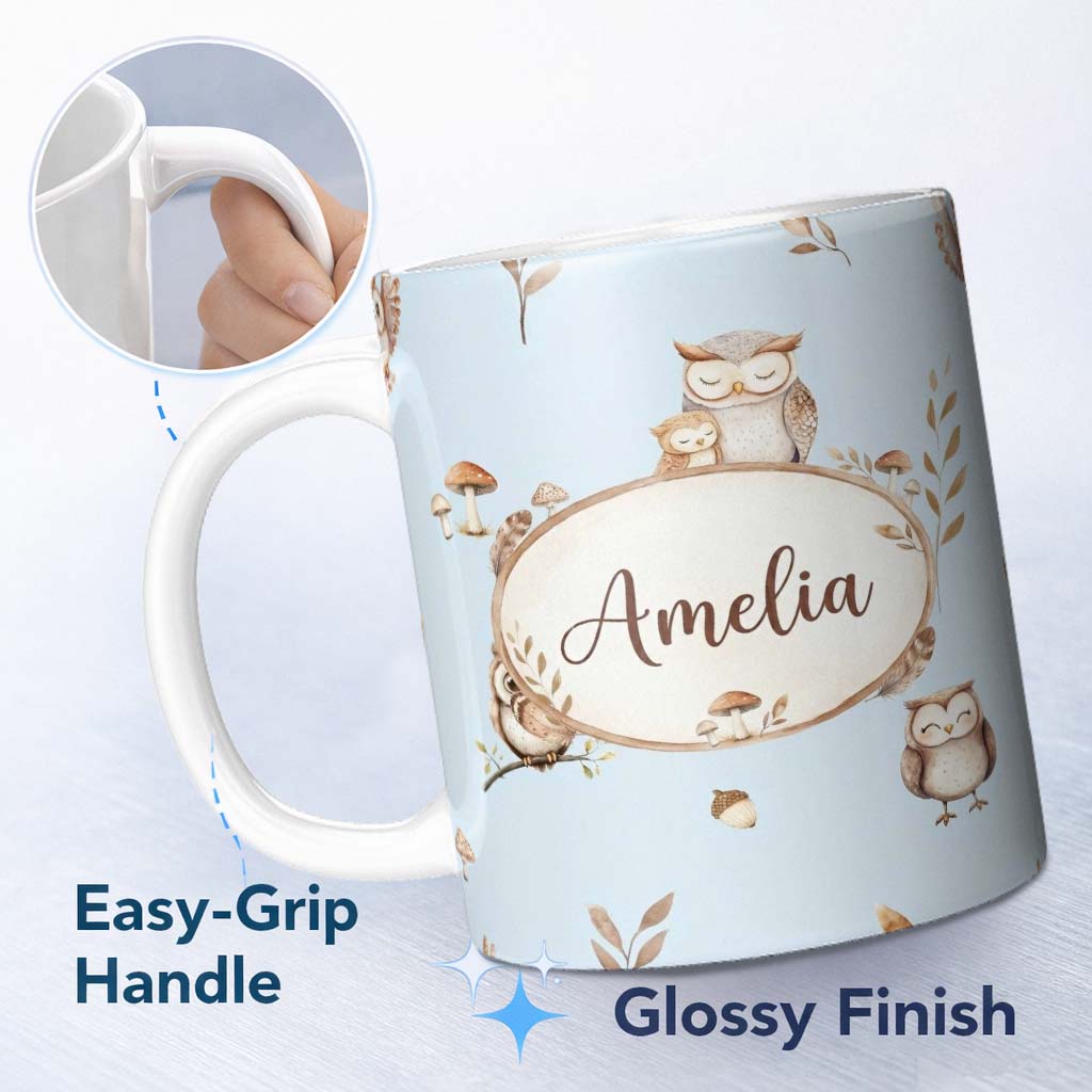 Personalized Custom Name Cute Woodland Owls with Mushrooms Leaves Soft Blue Background 11oz Ceramic Coffee Tea Mug White Large Handle