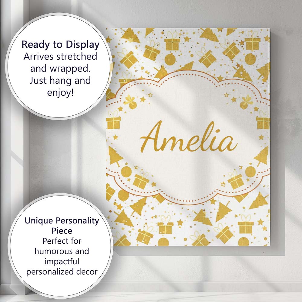 Personalised Name Gold Christmas Icons Pattern White Background Custom Statement Canvas Wall Art Print Decor Picture Ready to Hang