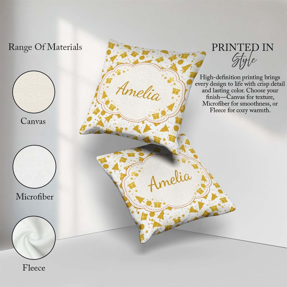 Custom Name Gold Christmas Icons Pattern White Background Lovely Square Filled Cushion Throw Pillow Sofa Bed Home Decor Zip Washable UK Made