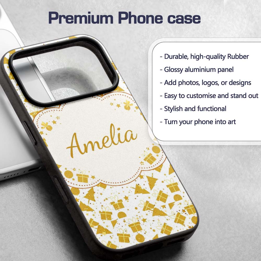 Gold Christmas Icons Pattern White Background Custom Name Protective Phone Case Mobile Cover Durable Everyday Smartphone Shock Resistant