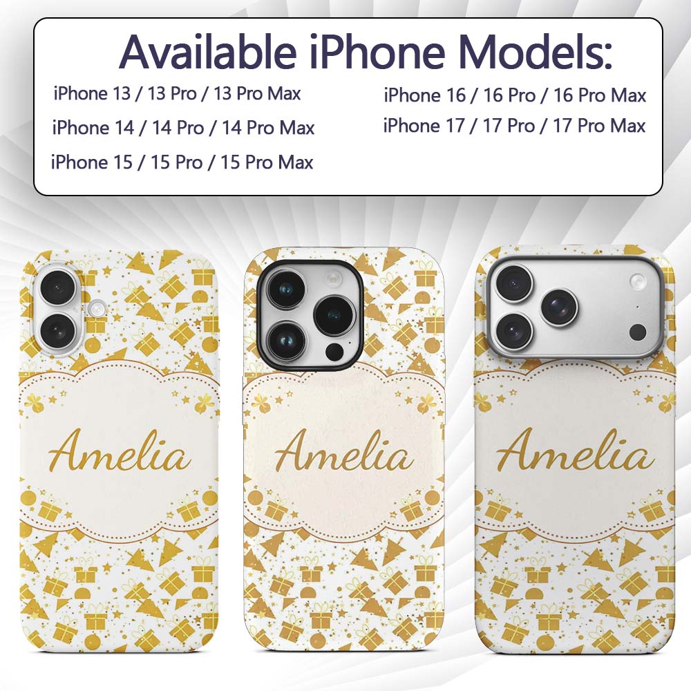 Gold Christmas Icons Pattern White Background Custom Name Protective Phone Case Mobile Cover Durable Everyday Smartphone Shock Resistant