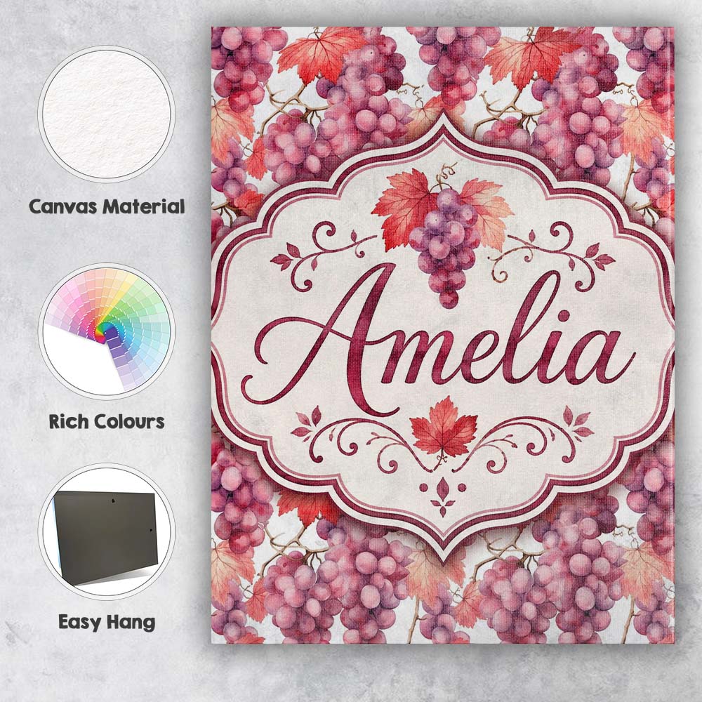 Personalised Name Realistic Purple Grapes Custom Unique Gift Idea Elegant Feature Canvas Wall Art Print Decor Picture Ready to Hang