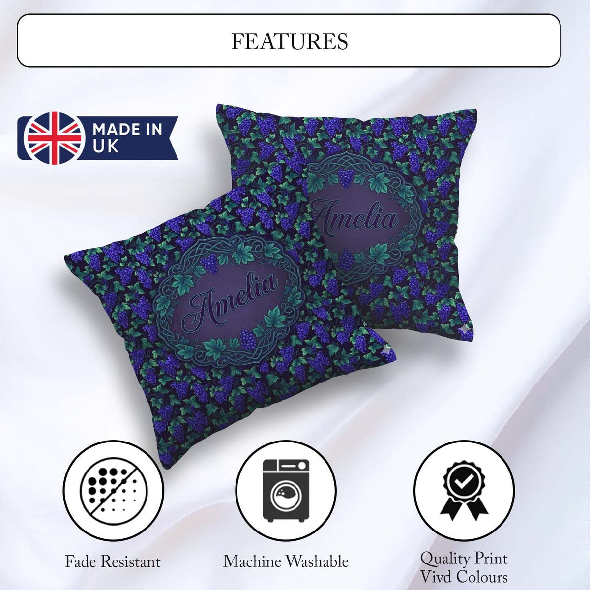 Custom Name Vibrant Neon Purple Grapes on Dark Seamless Pattern Square Filled Cushion Throw Pillow Sofa Bed Home Decor Zip Washable UK Made