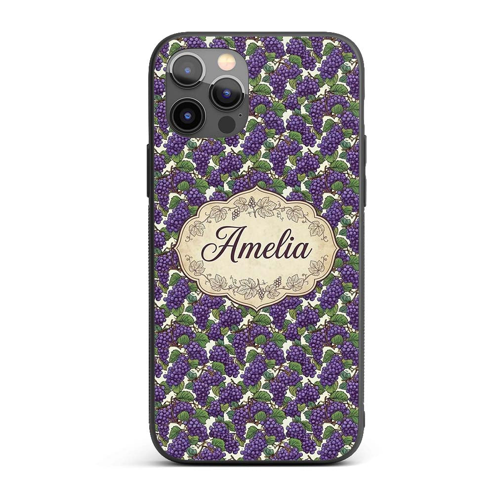 Rich Purple Grapes with Green Leaves on Black Custom Name Protective Phone Case Mobile Cover Durable Everyday Smartphone Shock Resistant