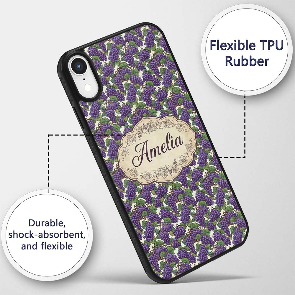 Rich Purple Grapes with Green Leaves on Black Custom Name Protective Phone Case Mobile Cover Durable Everyday Smartphone Shock Resistant
