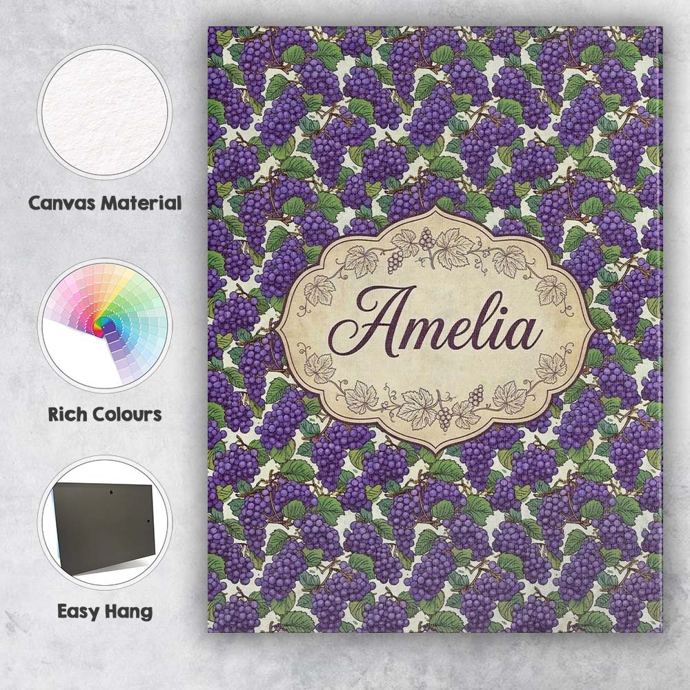 Personalised Name Rich Purple Grapes with Custom Unique Gift Idea Elegant Feature Canvas Wall Art Print Decor Picture Ready to Hang