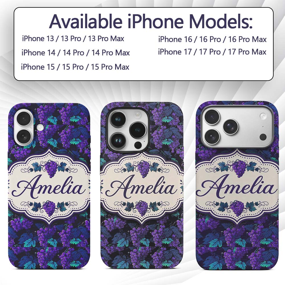 Teal Leaves and Purple Grapes Decorative Seamless Custom Name Protective Phone Case Mobile Cover Durable Everyday Smartphone Shock Resistant