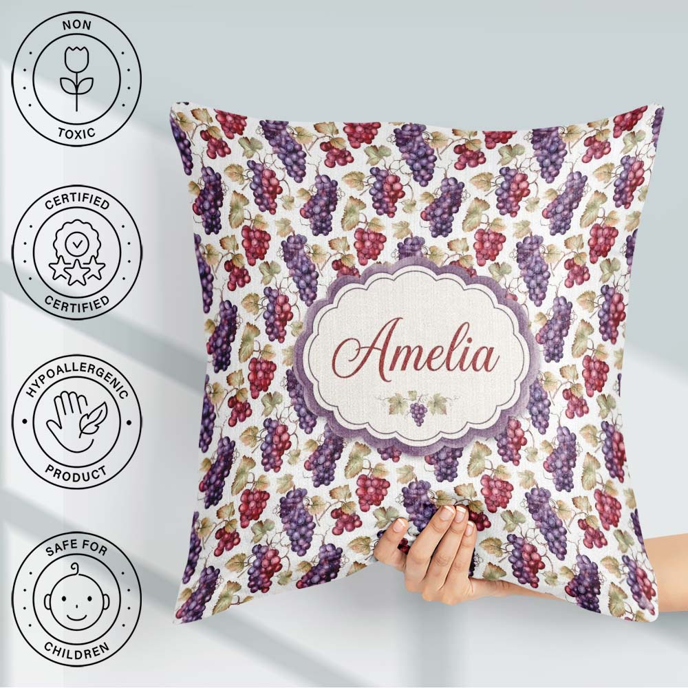 Custom Name Mixed Red and Purple Grapes Botanical Pattern Lovely Square Filled Cushion Throw Pillow Sofa Bed Home Decor Zip Washable UK Made