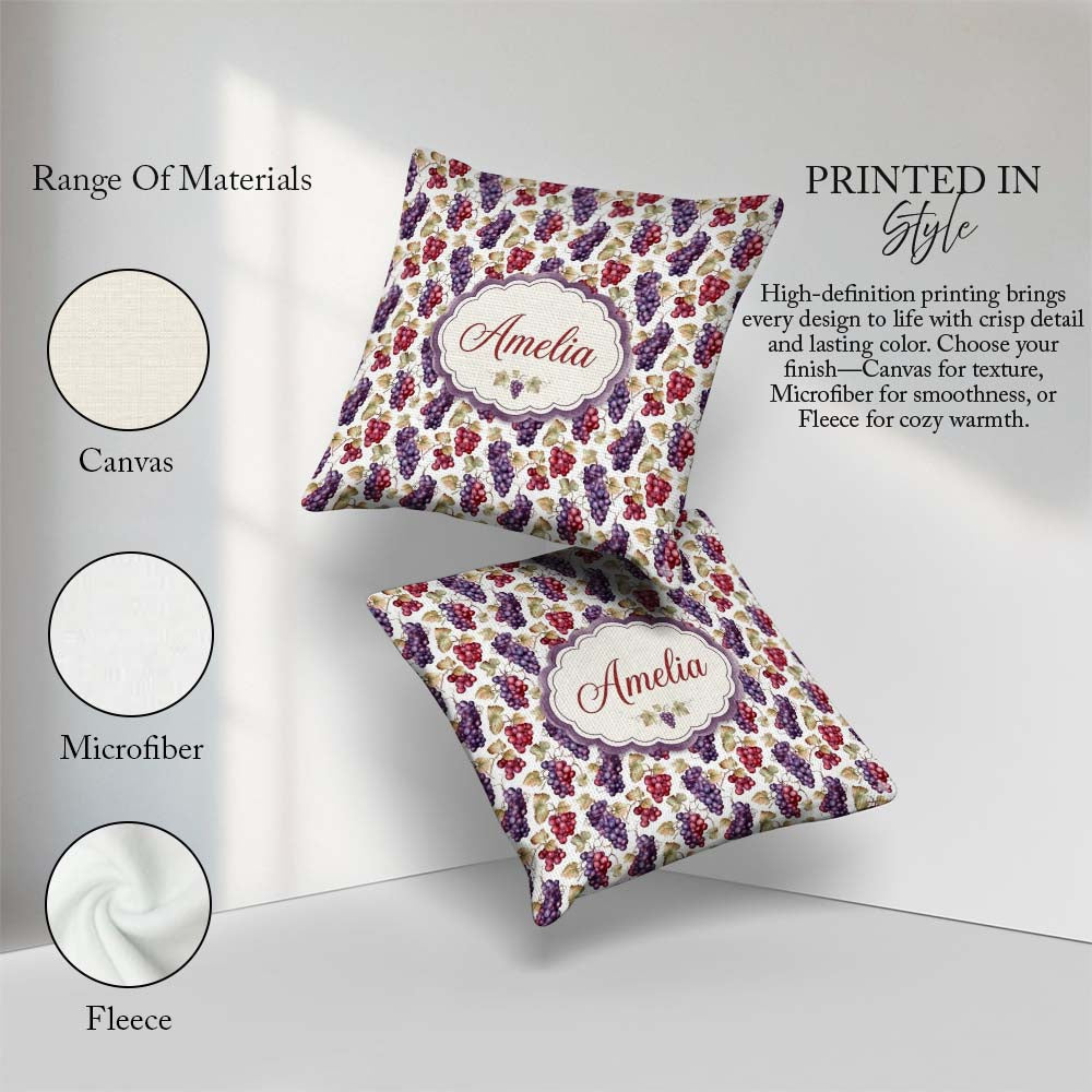Custom Name Mixed Red and Purple Grapes Botanical Pattern Lovely Square Filled Cushion Throw Pillow Sofa Bed Home Decor Zip Washable UK Made