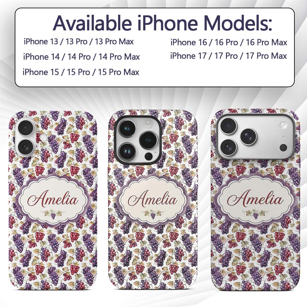 Mixed Red and Purple Grapes Botanical Seamless Custom Name Protective Phone Case Mobile Cover Durable Everyday Smartphone Shock Resistant